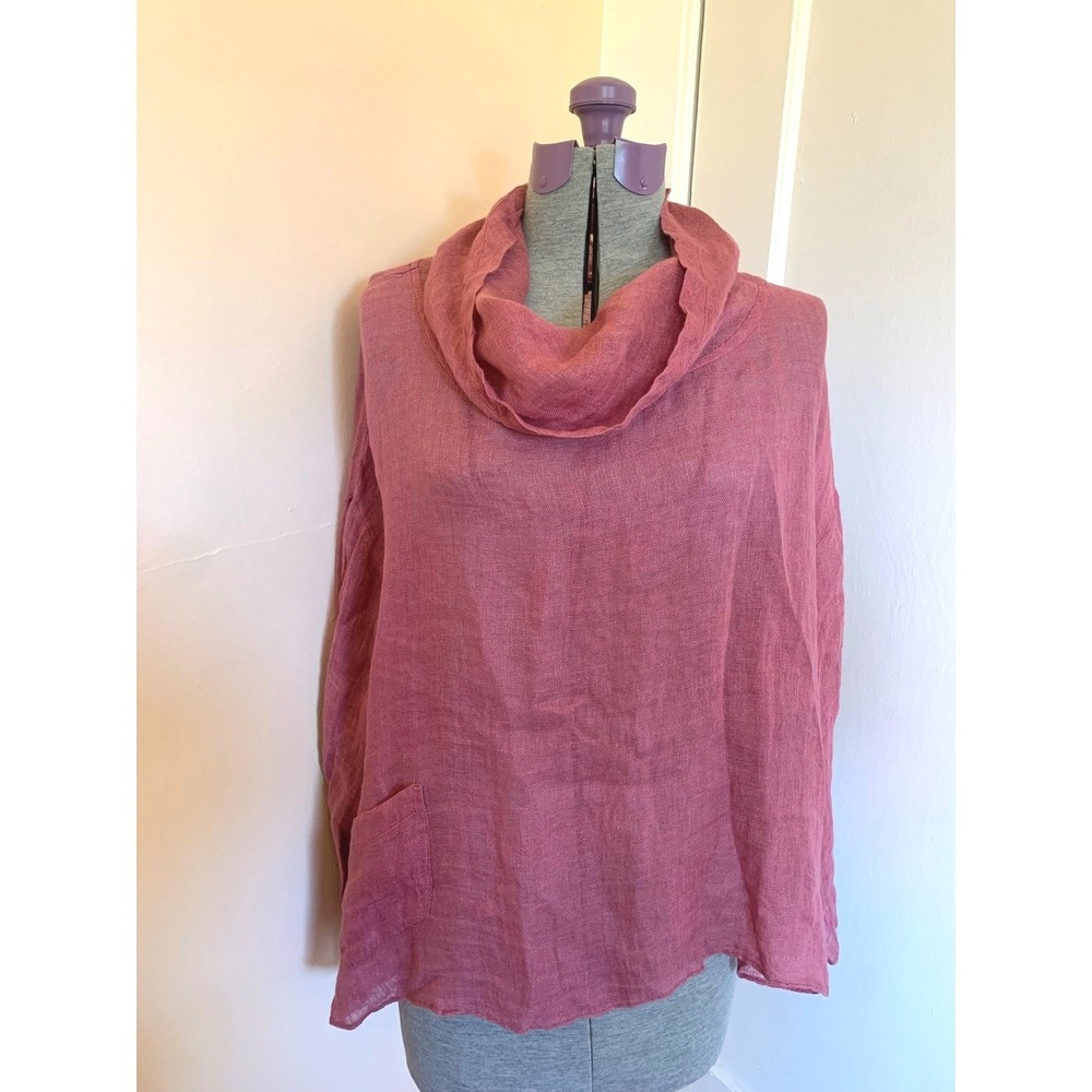 Eleven Stitch Design Womens Pink 100% Linen Gauze Cowl Neck Long Sleeve Top S